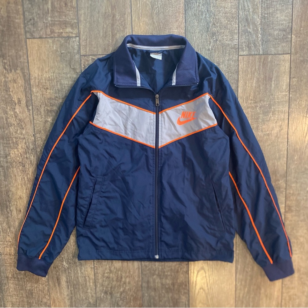 vintage nike collared navy blue, grey & orange full-zip windbreaker